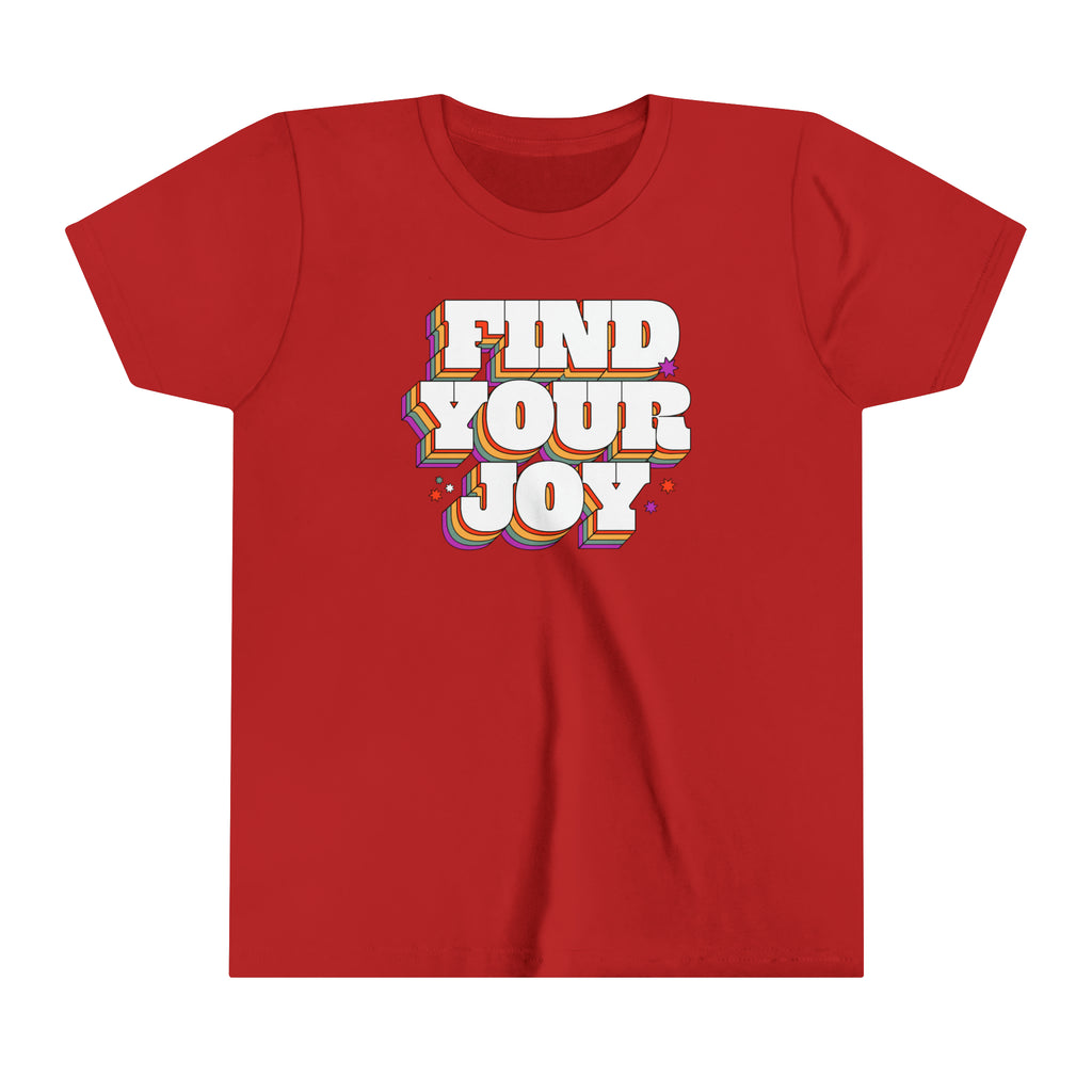 Youth red tee showcasing "Find Your Joy" rainbow design.