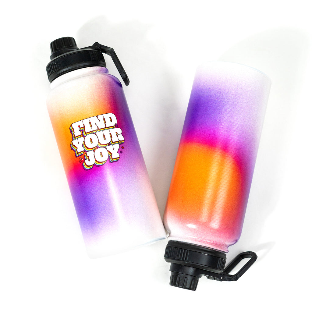 Gregisms  Gradient Find Your Joy White Water Bottle on White Background Laying to an identical bottle
