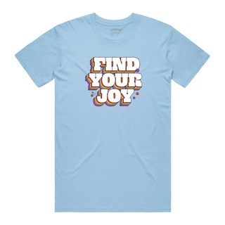 Baby blue tee with colorful "Find Your Joy" text and emblem.