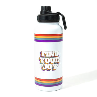 White water bottle with "Find Your Joy" logo and stripes.