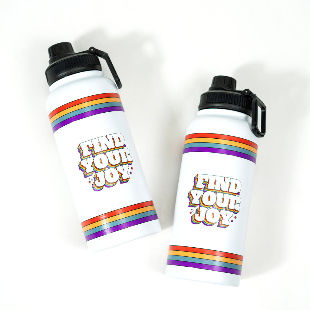 Gregisms Find Your Joy White Water Bottle on White Background Two Bottles By Each other 